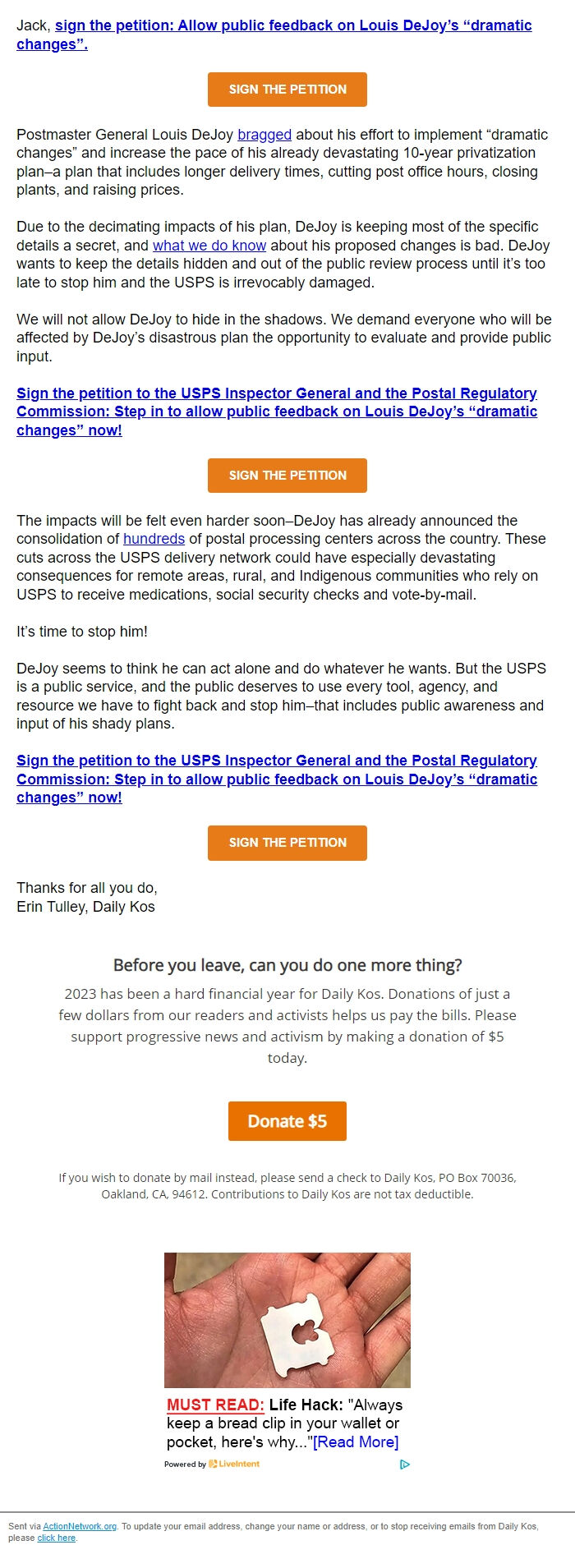 Screenshot of the email generated on import