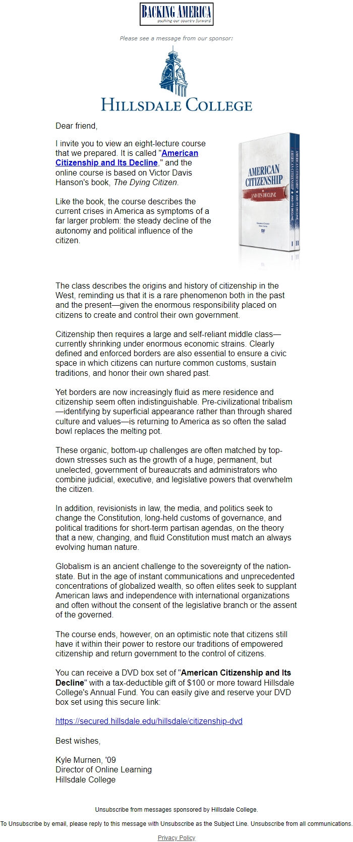 Screenshot of the email generated on import