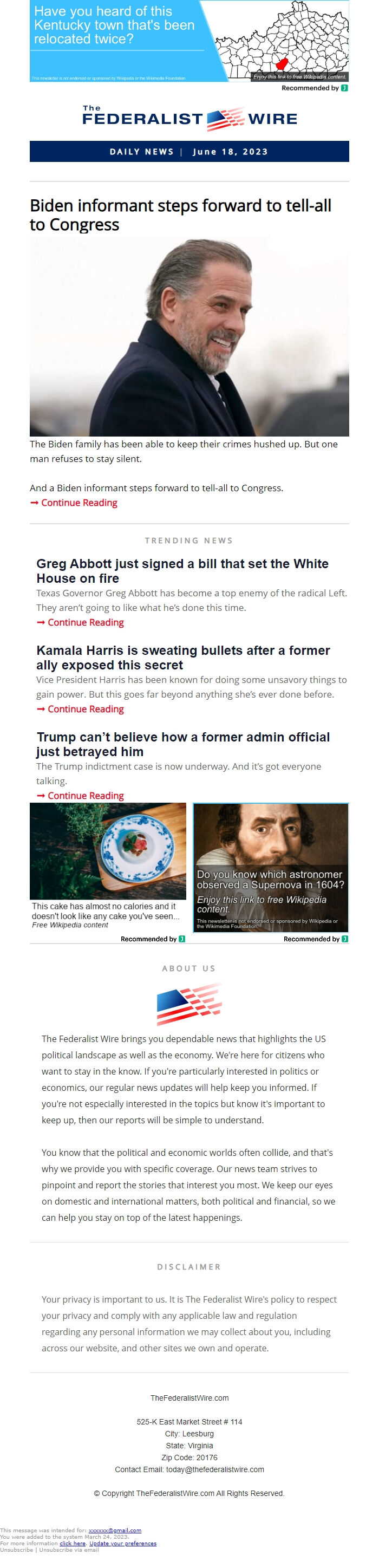 Screenshot of the email generated on import