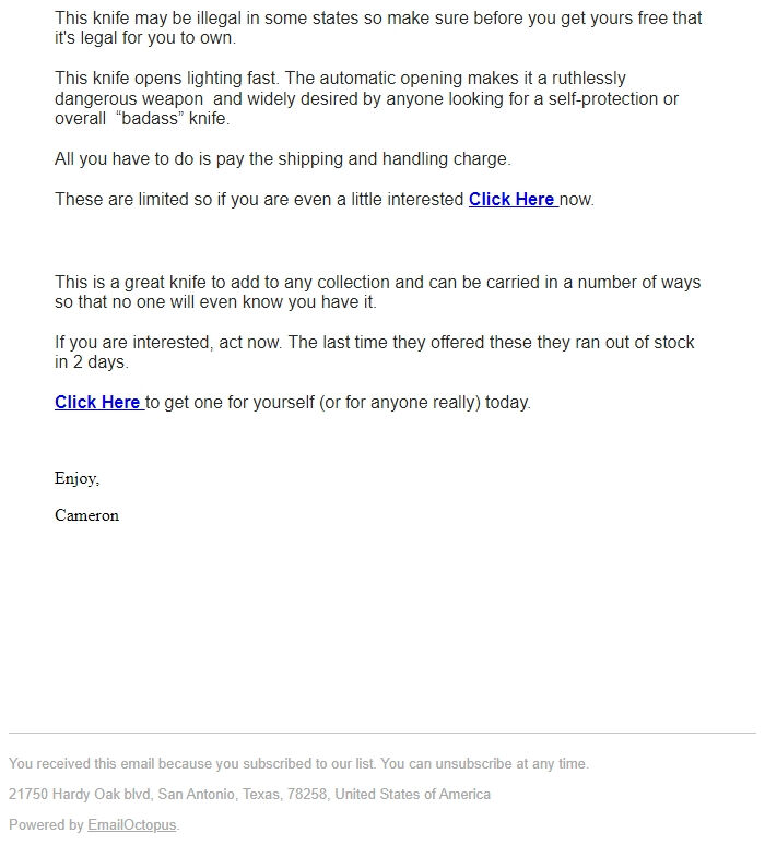 Screenshot of the email generated on import