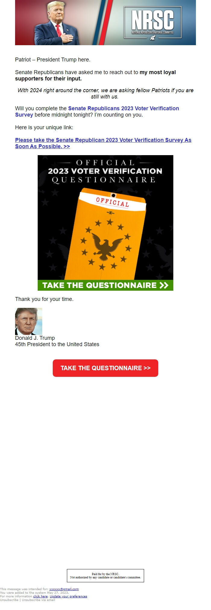 Screenshot of the email generated on import