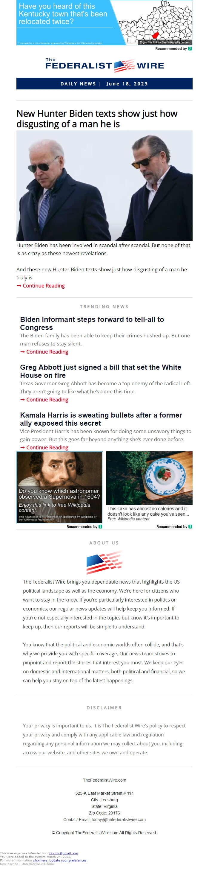 Screenshot of the email generated on import