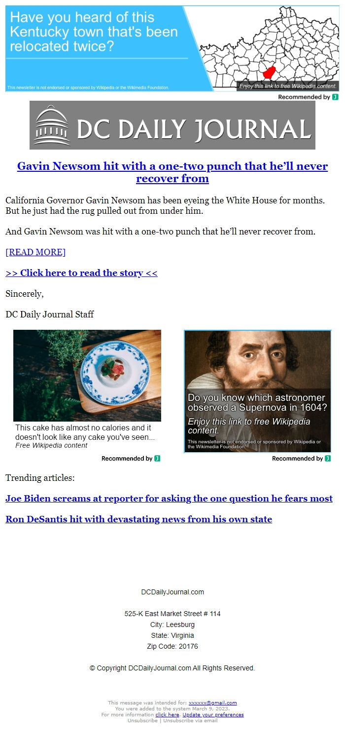 Screenshot of the email generated on import