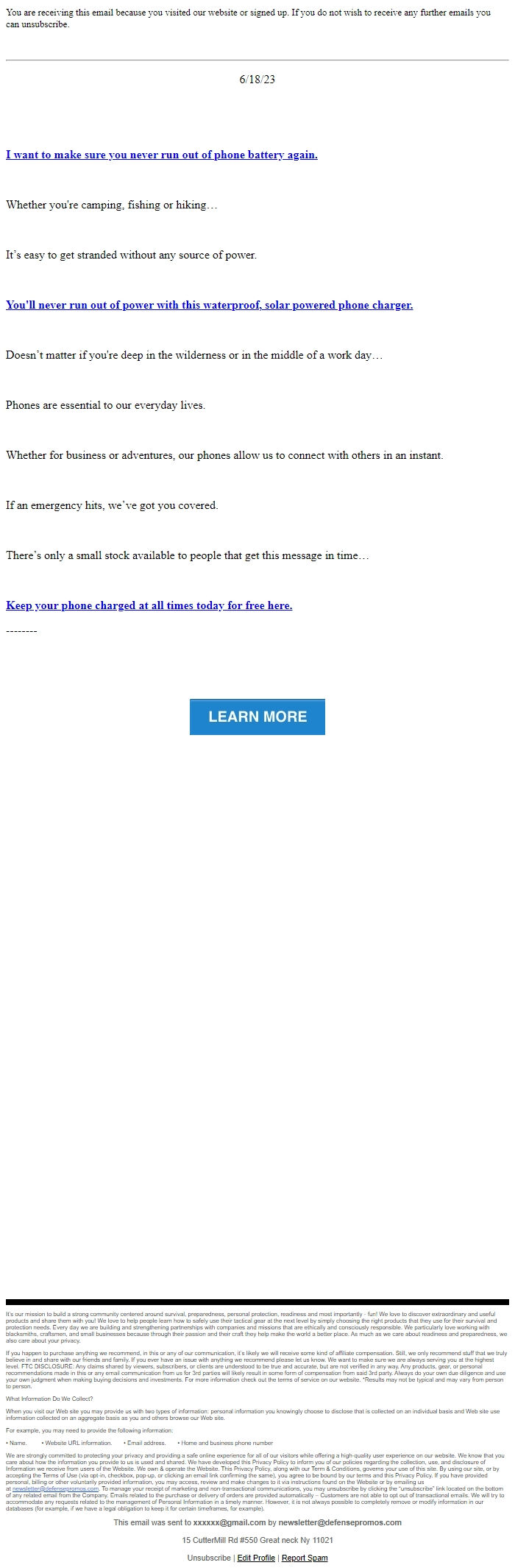 Screenshot of the email generated on import