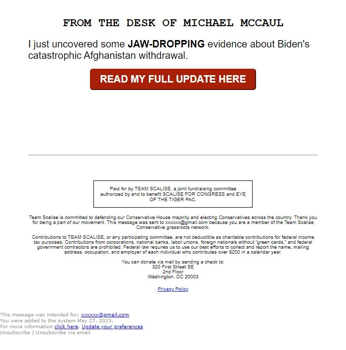 Screenshot of the email generated on import