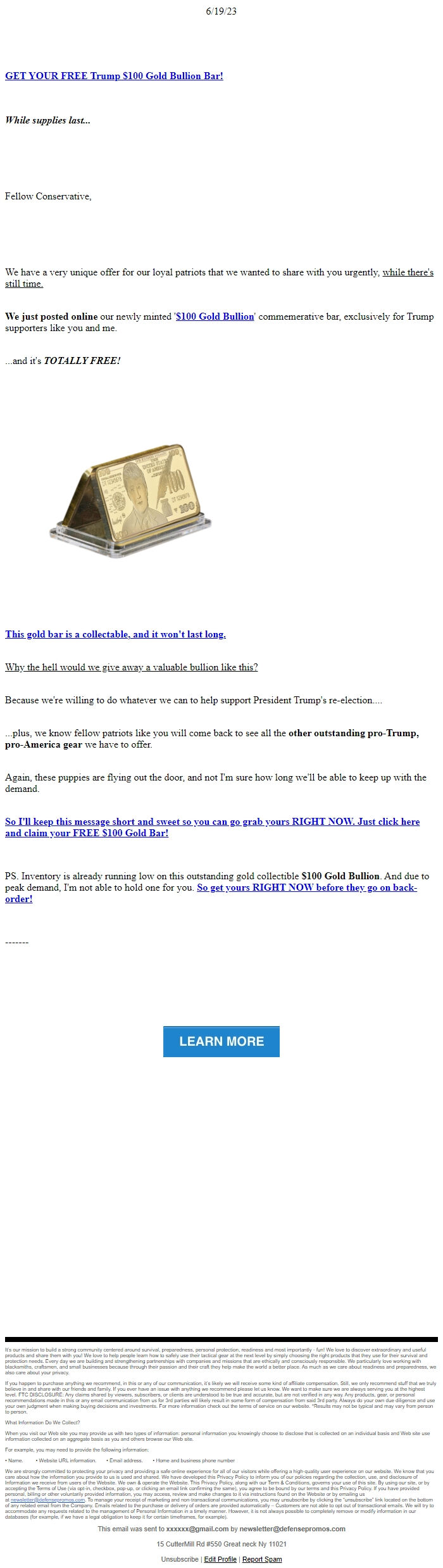 Screenshot of the email generated on import