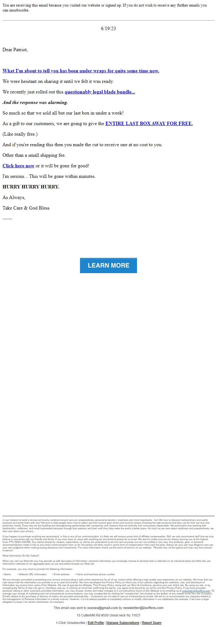 Screenshot of the email generated on import