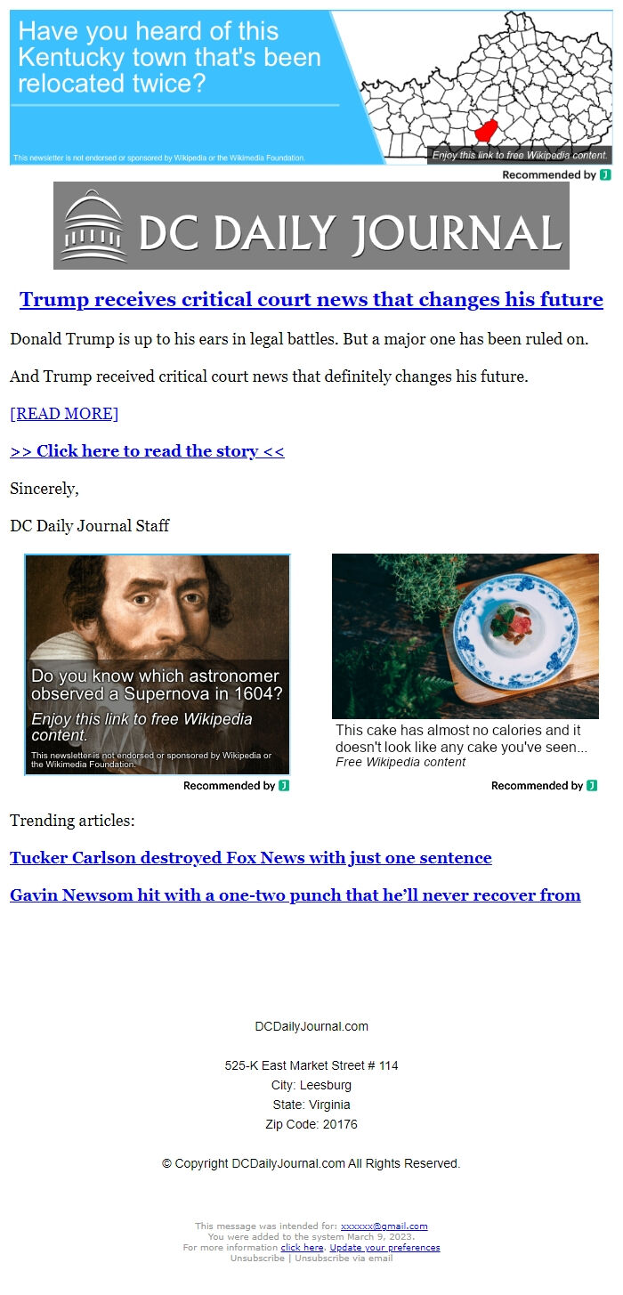Screenshot of the email generated on import