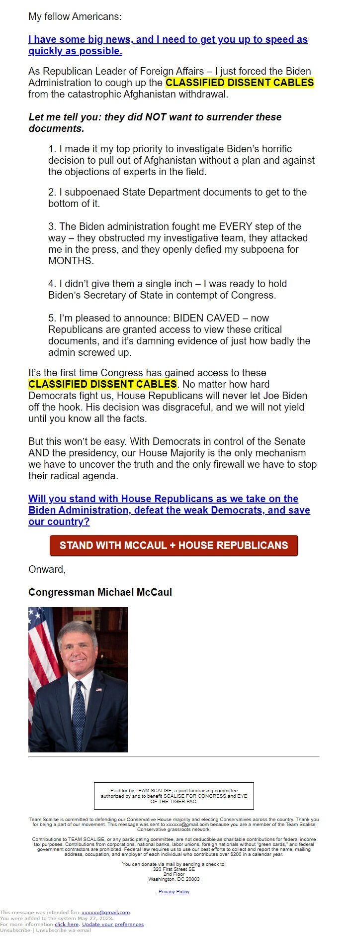 Screenshot of the email generated on import