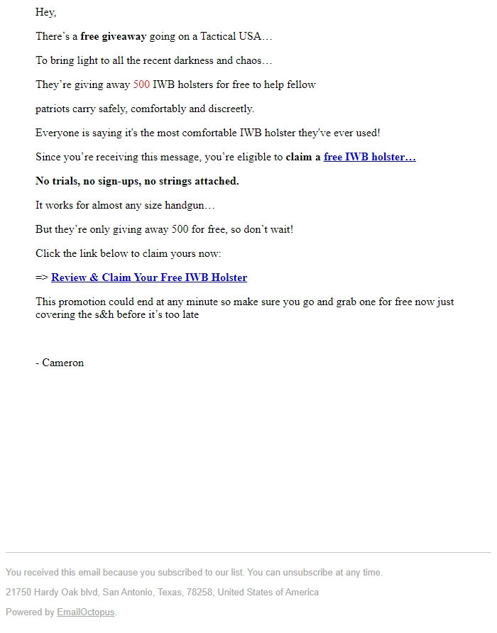 Screenshot of the email generated on import