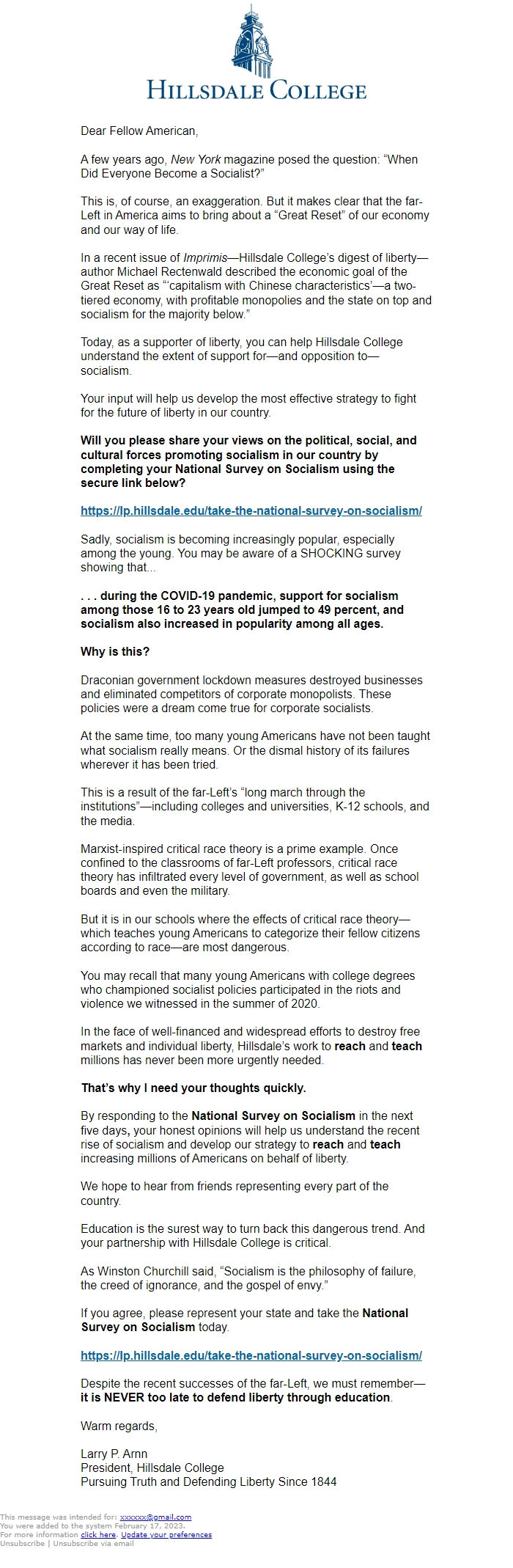 Screenshot of the email generated on import