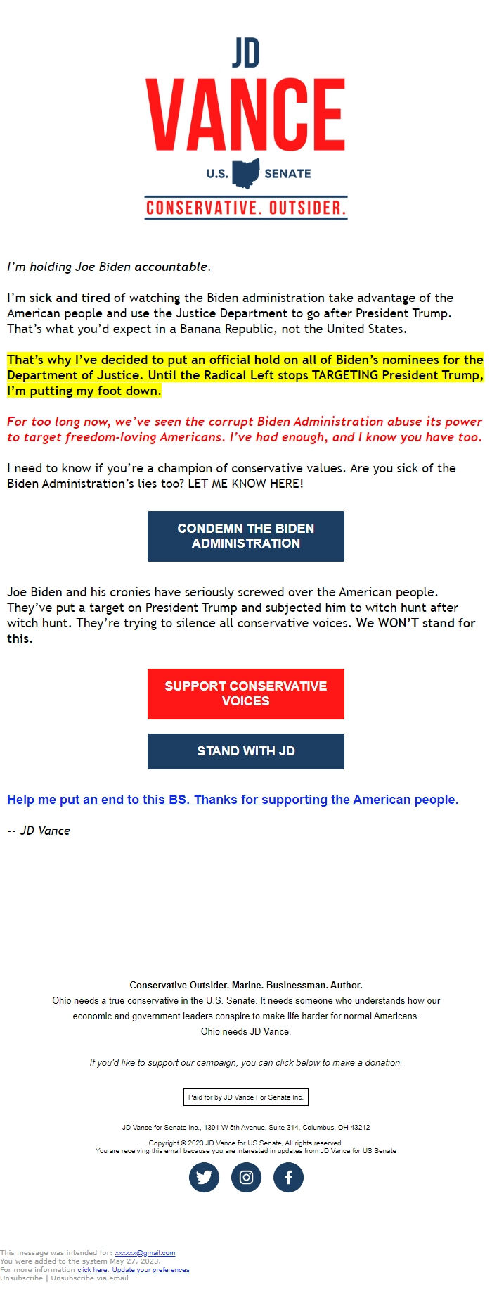 Screenshot of the email generated on import