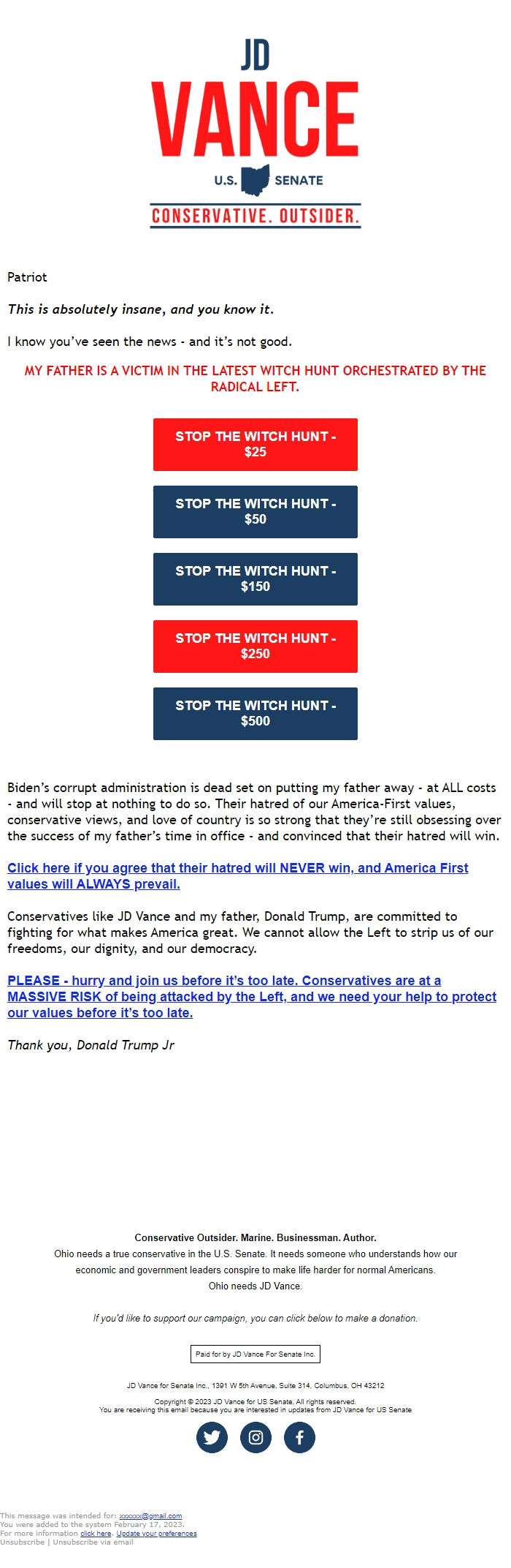 Screenshot of the email generated on import