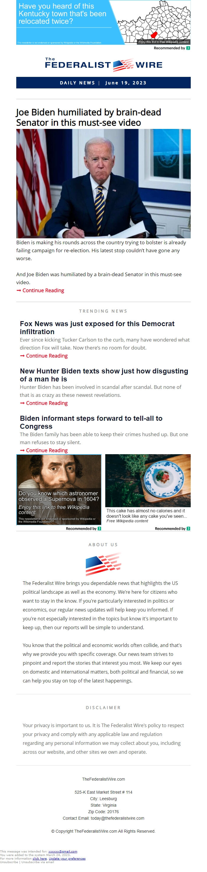 Screenshot of the email generated on import