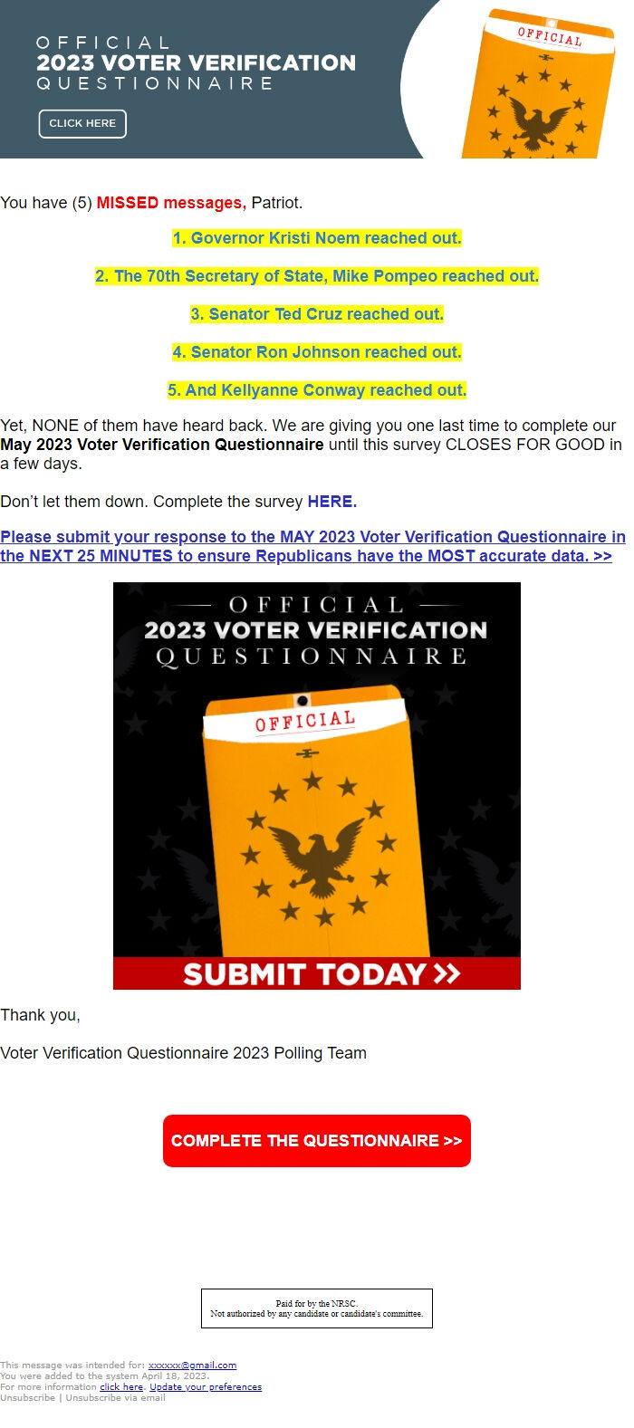 Screenshot of the email generated on import