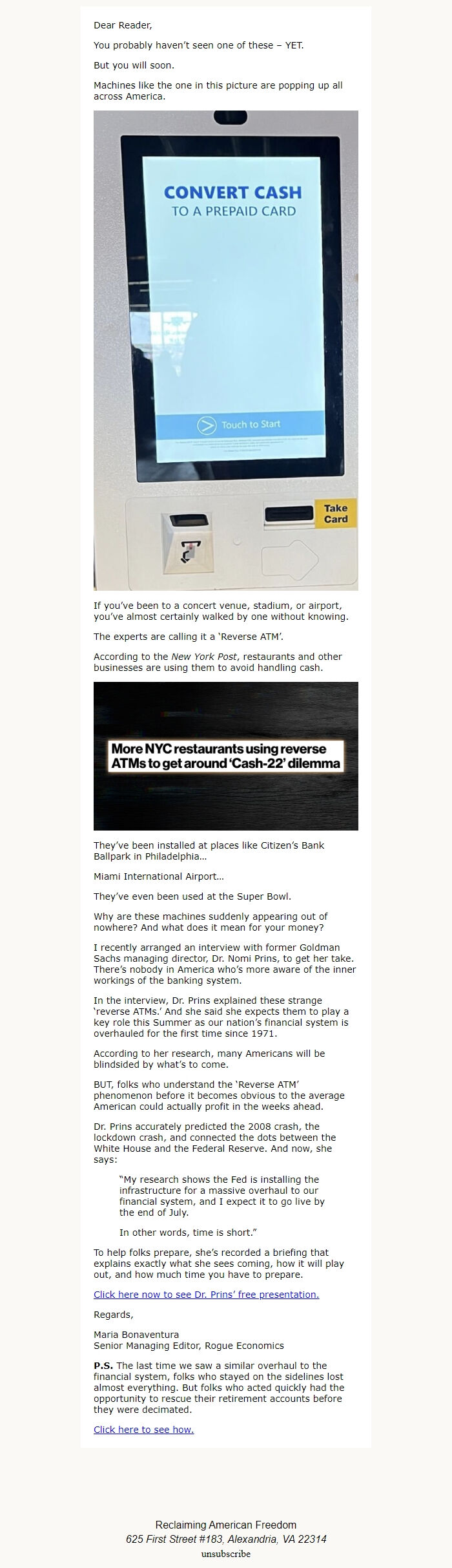 Screenshot of the email generated on import