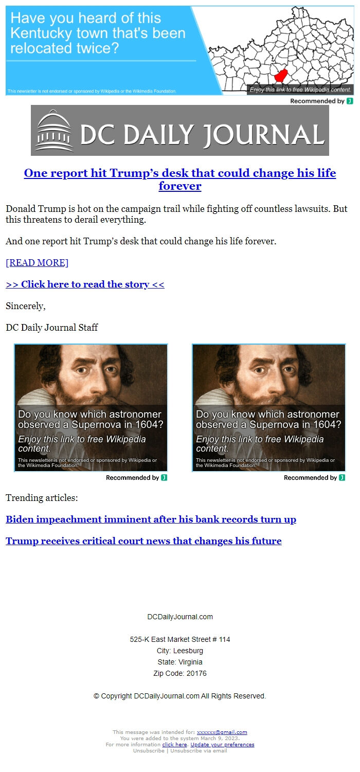 Screenshot of the email generated on import