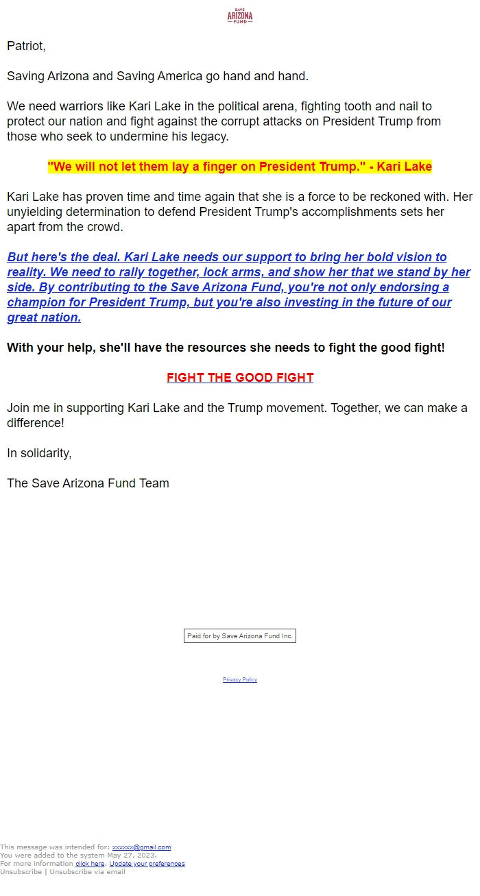 Screenshot of the email generated on import