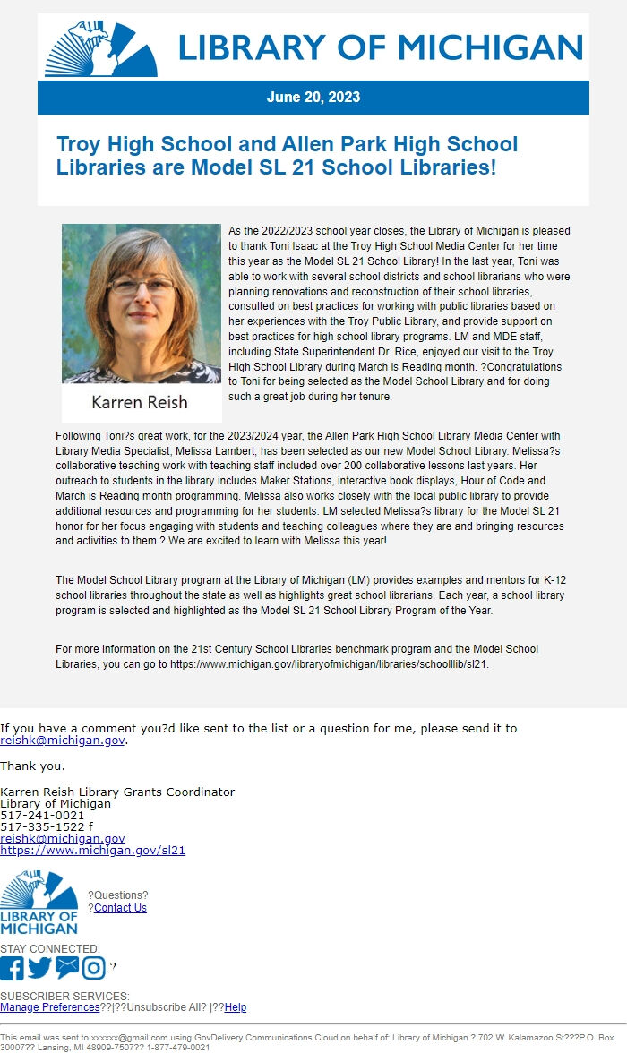 Screenshot of the email generated on import