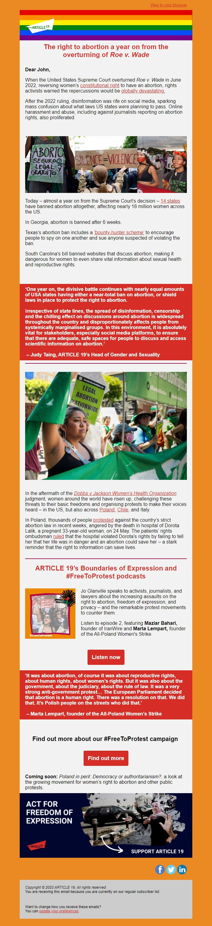 Screenshot of the email generated on import