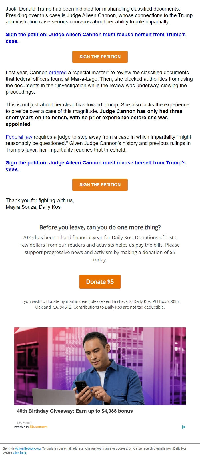 Screenshot of the email generated on import