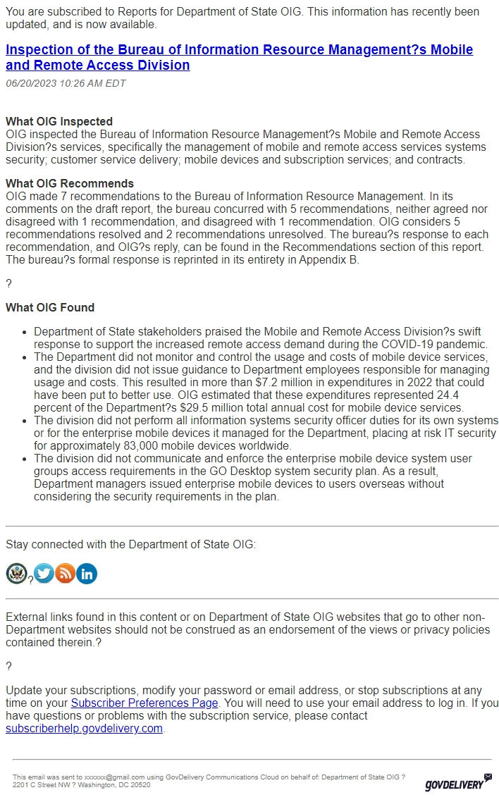 Screenshot of the email generated on import