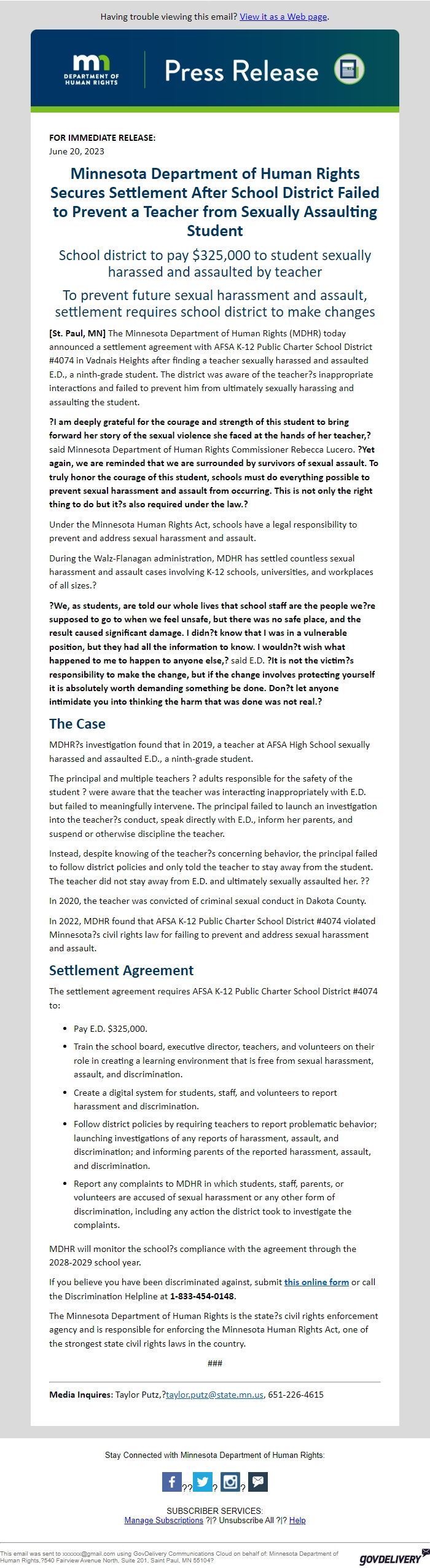 Screenshot of the email generated on import