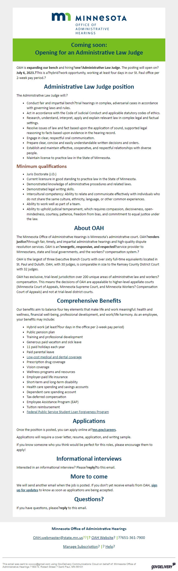 Screenshot of the email generated on import