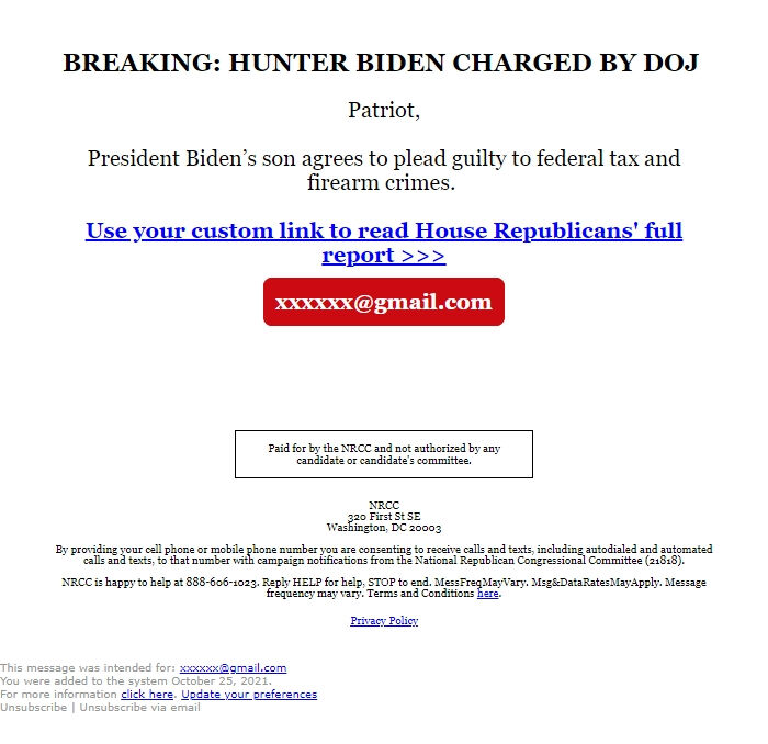 Screenshot of the email generated on import