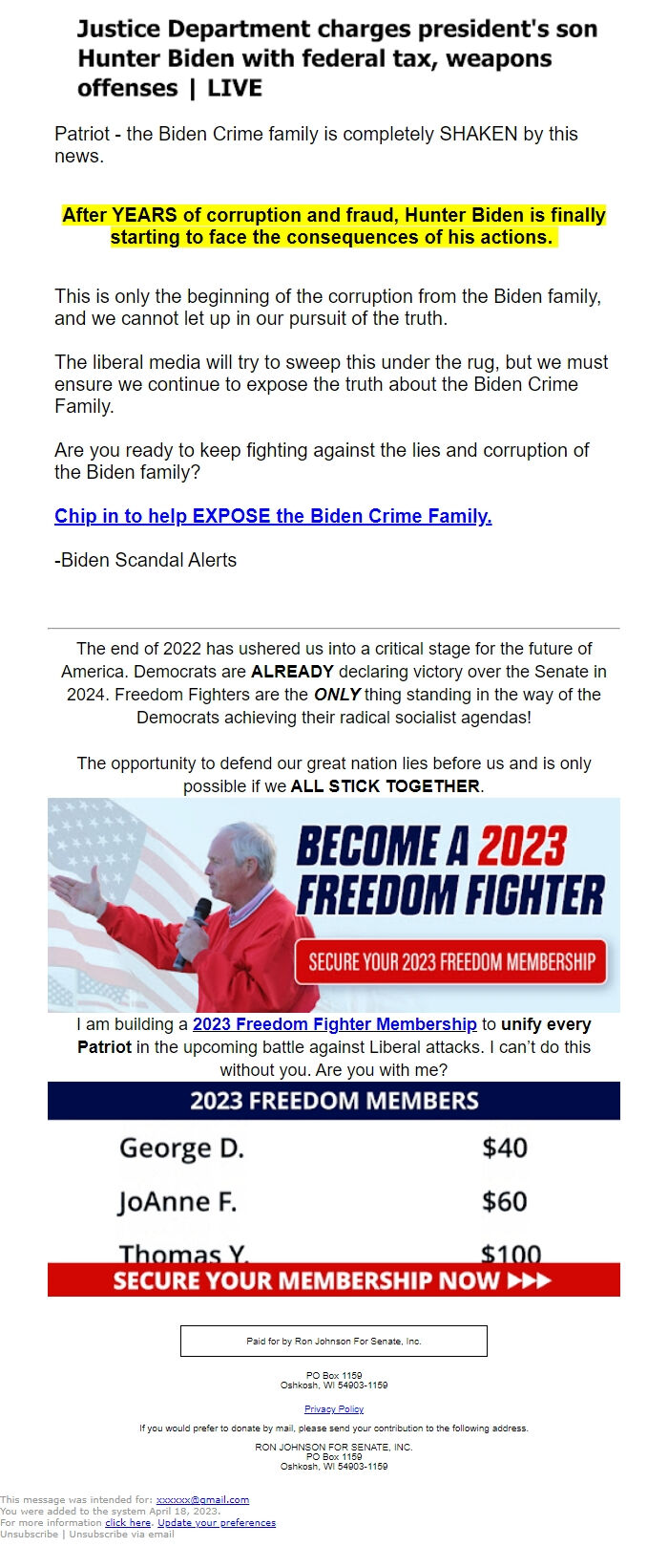 Screenshot of the email generated on import