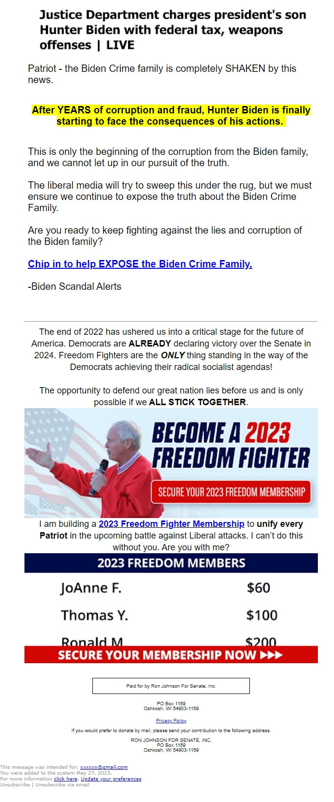 Screenshot of the email generated on import