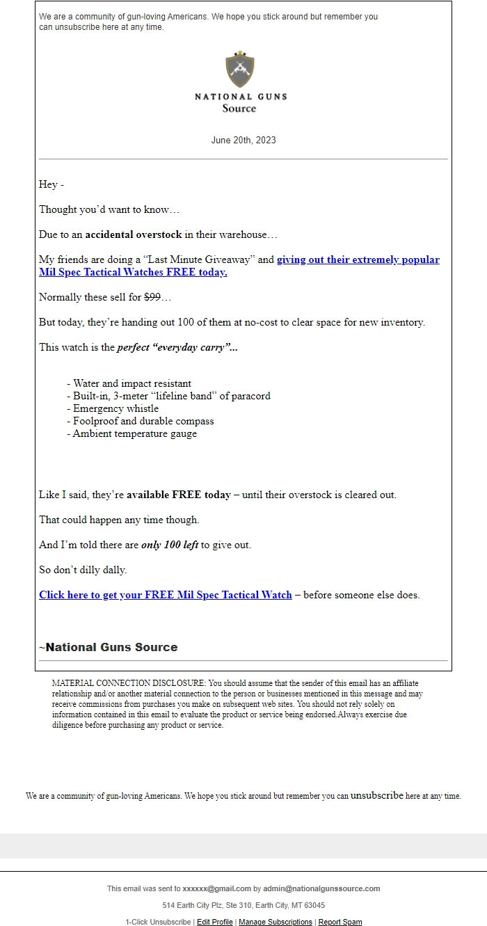 Screenshot of the email generated on import