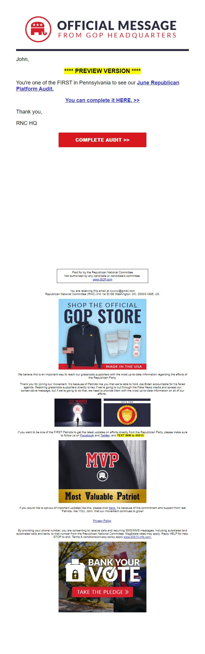 Screenshot of the email generated on import