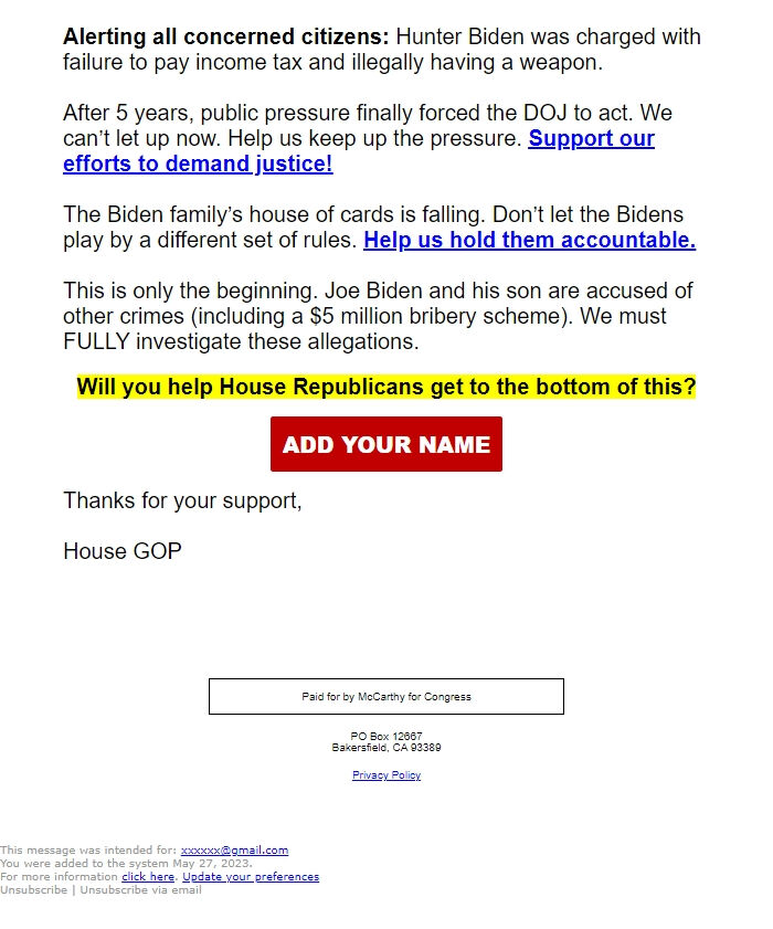 Screenshot of the email generated on import