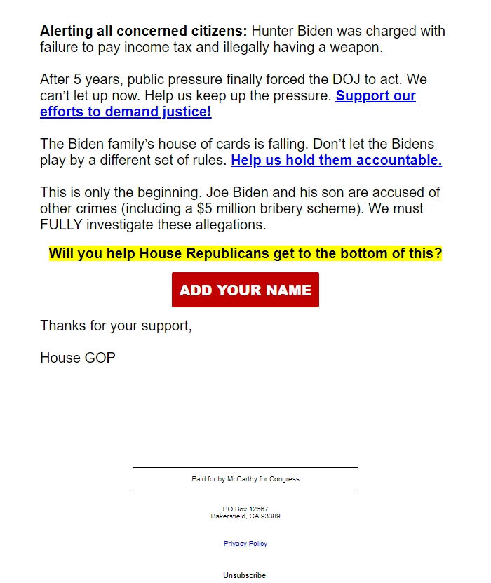 Screenshot of the email generated on import