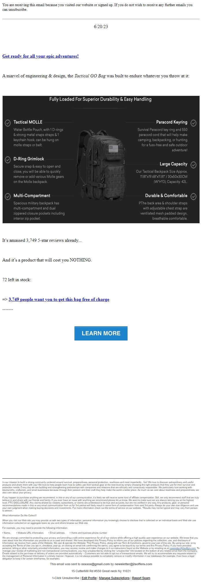 Screenshot of the email generated on import