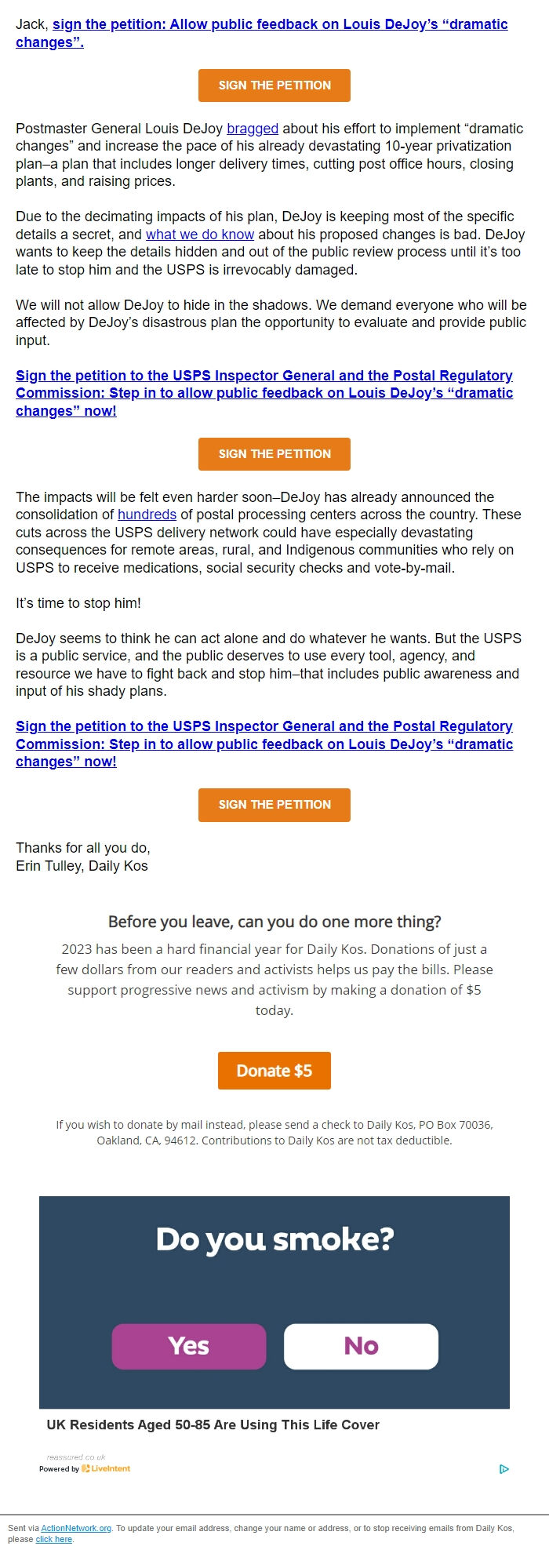 Screenshot of the email generated on import