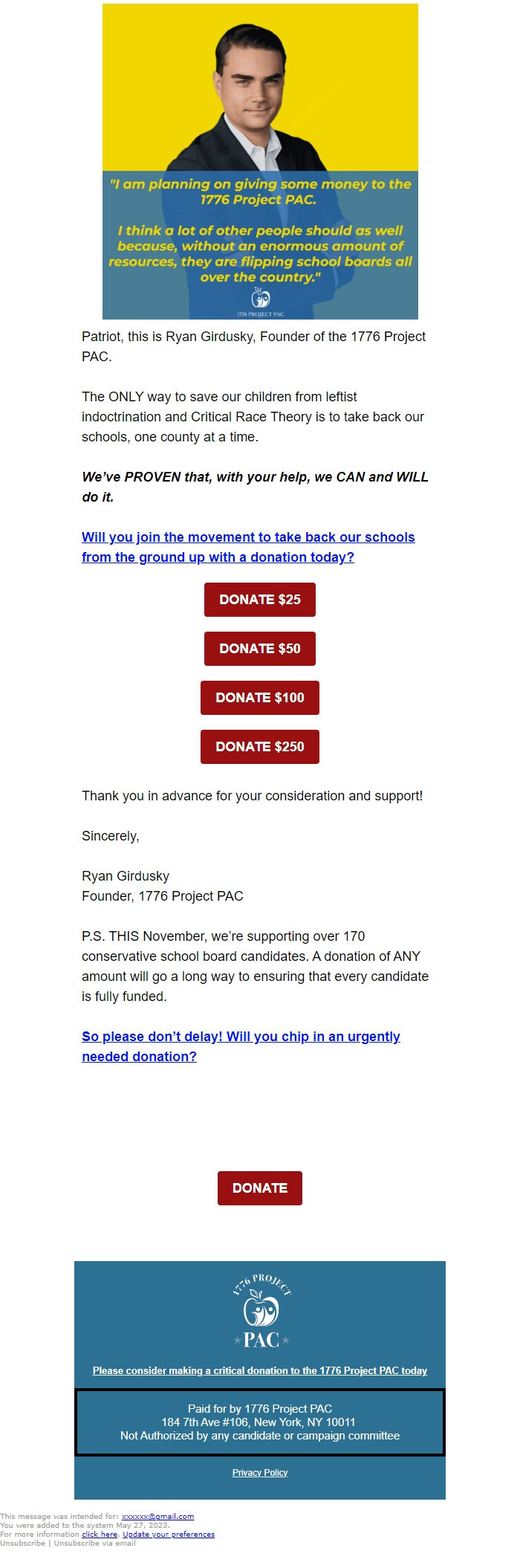 Screenshot of the email generated on import