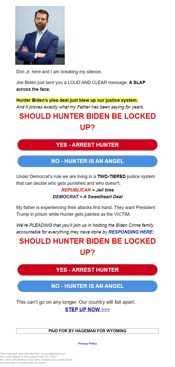 Screenshot of the email generated on import