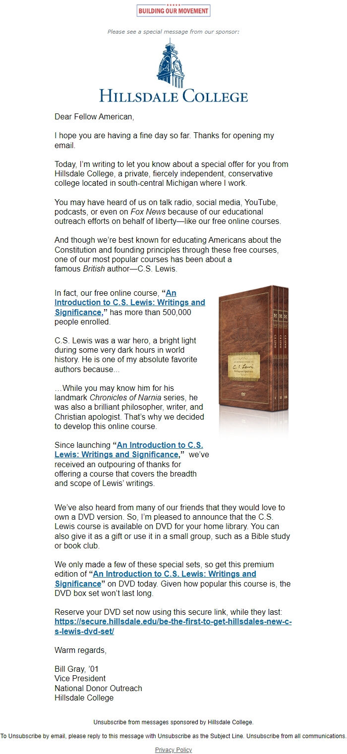 Screenshot of the email generated on import