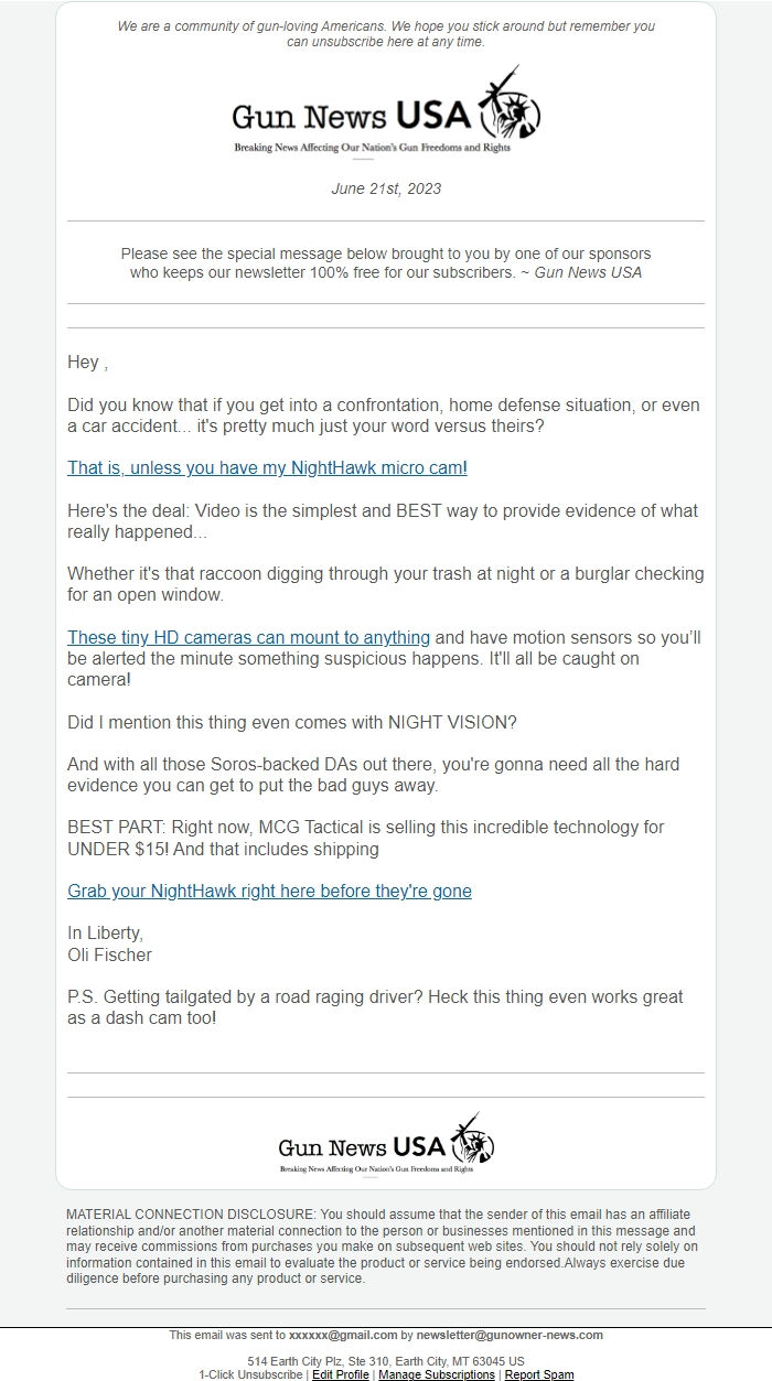 Screenshot of the email generated on import