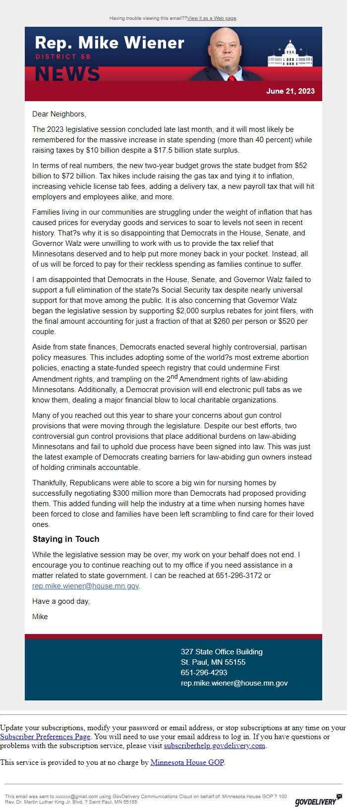 Screenshot of the email generated on import