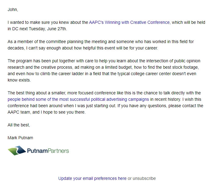 Screenshot of the email generated on import