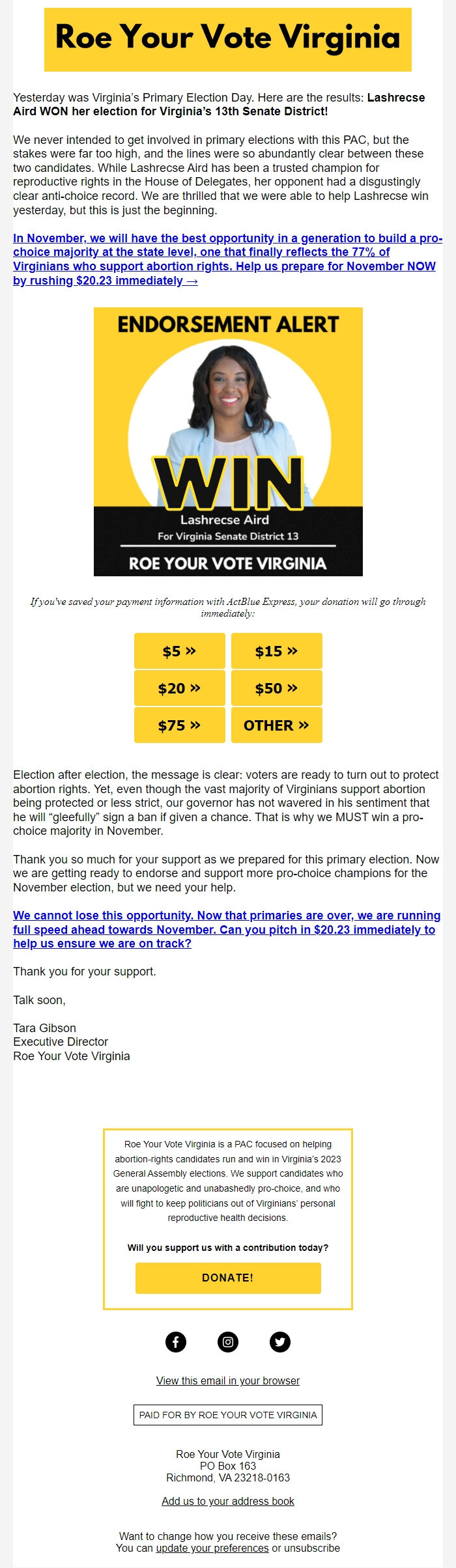 Screenshot of the email generated on import