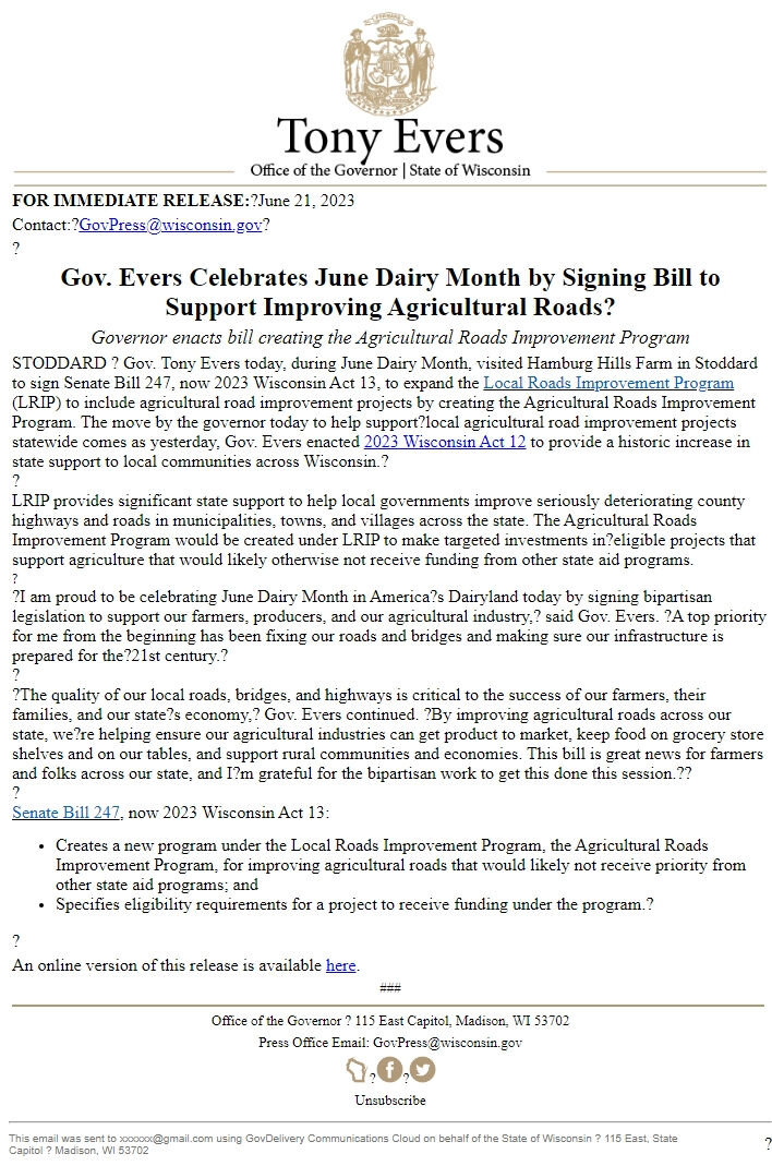 Screenshot of the email generated on import