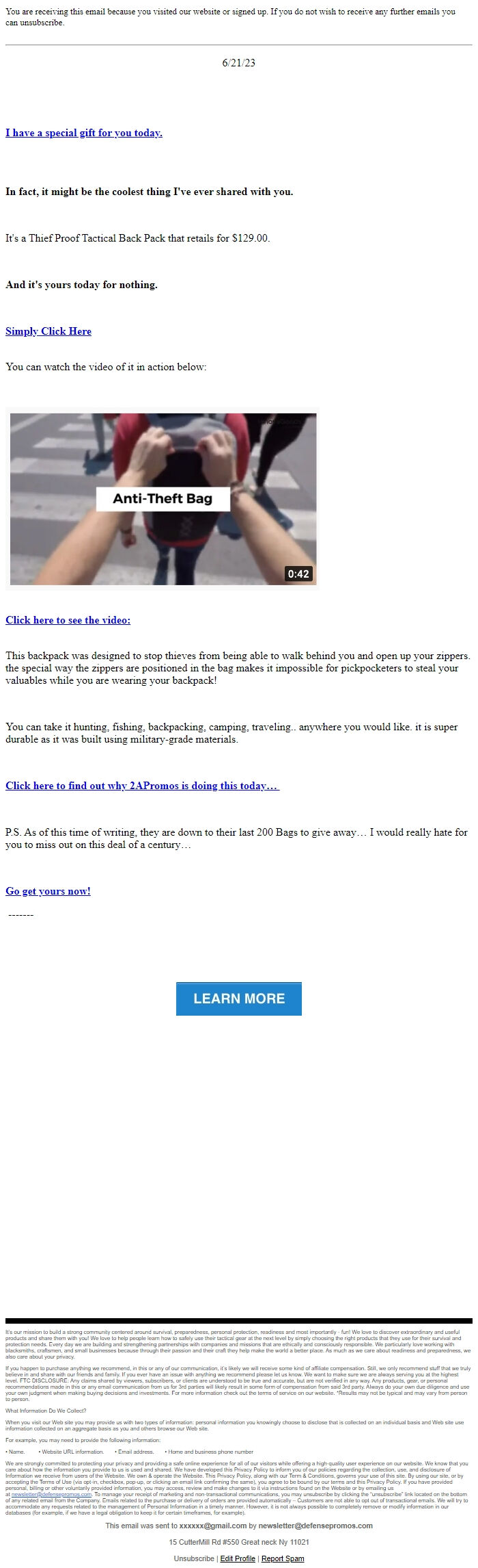 Screenshot of the email generated on import