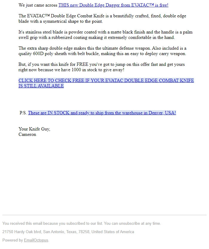 Screenshot of the email generated on import