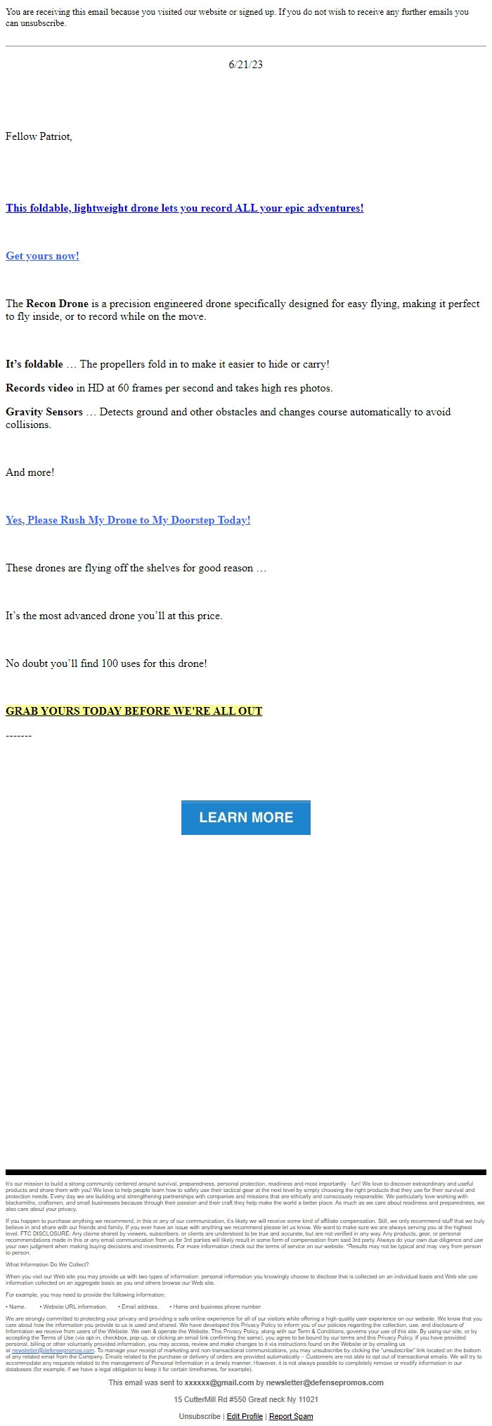 Screenshot of the email generated on import