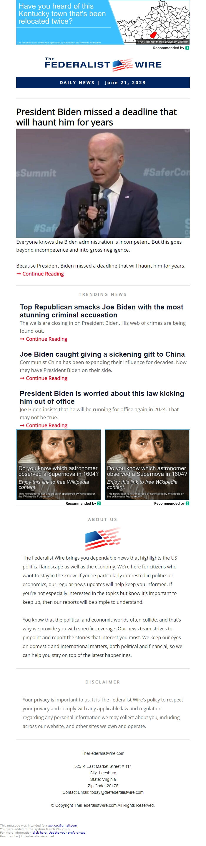 Screenshot of the email generated on import