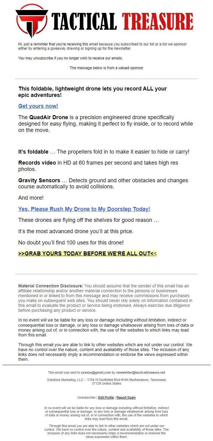 Screenshot of the email generated on import